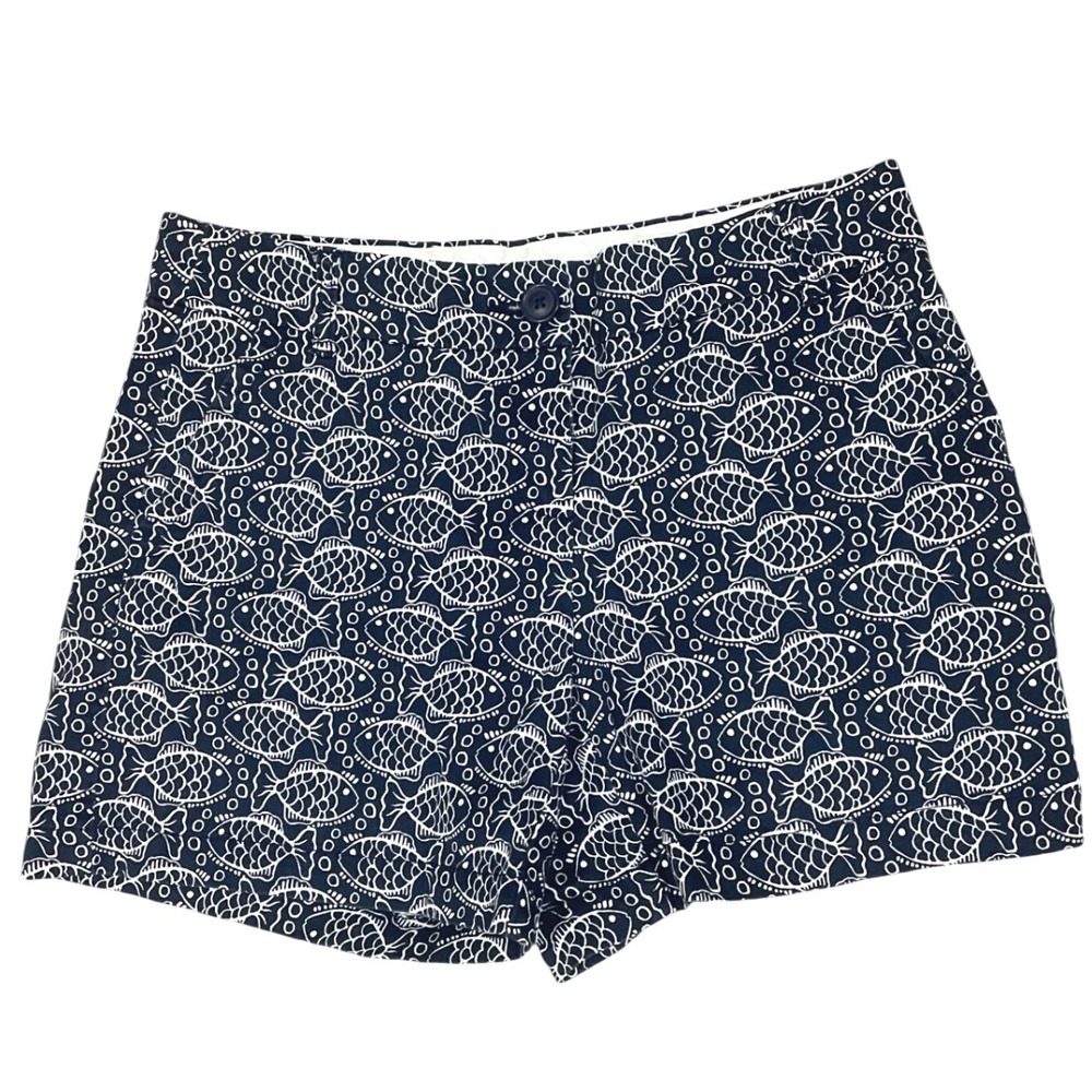 Crown & Ivy Womens Shorts Fish Print Cotton Stretch 2‎ Navy Blue Nautical Beach